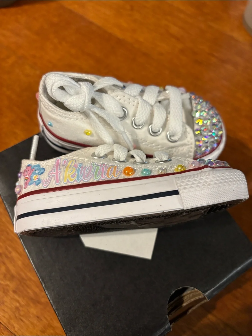 Converse Kids White Canvas Sneakers with Iridescent Rhinestone Toes